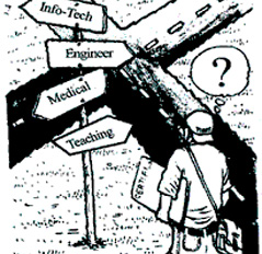 A cartoon guy trying to choose a path of a college major.
