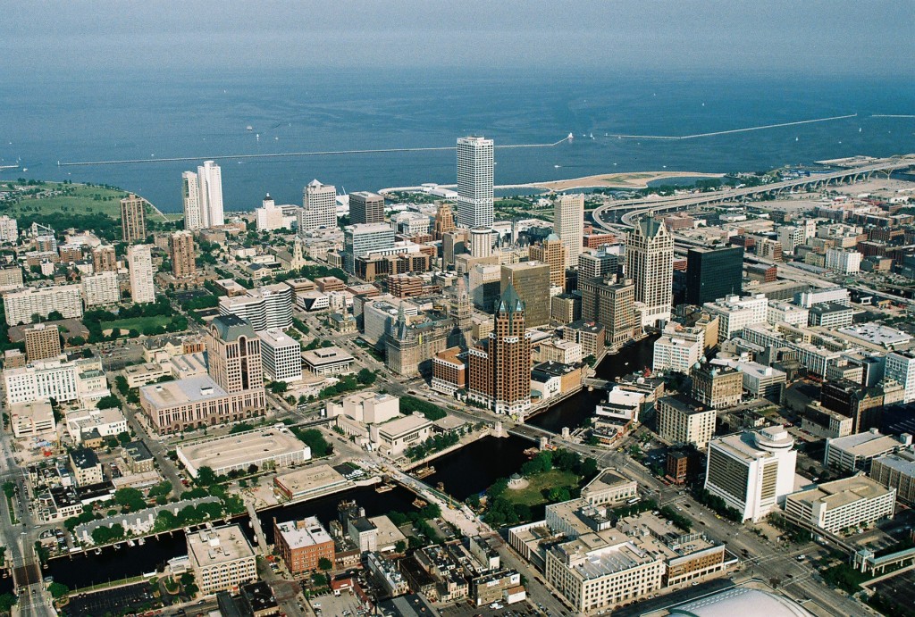 an aerial view of downtown Milwaukee WI