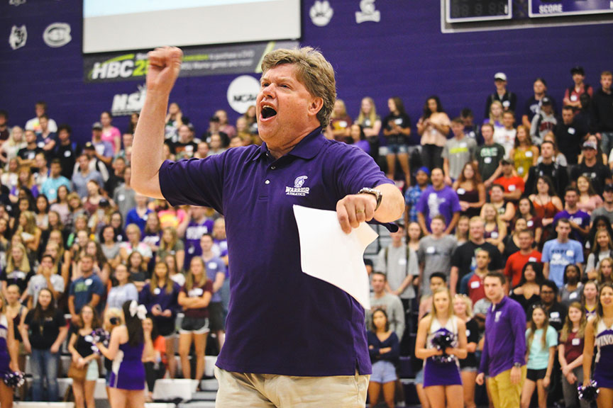 President Olson cheering during Welcome Week rally.