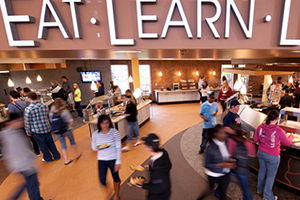 students get lunch in the dining hall
