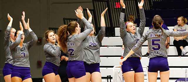 WSU volleyball team celebrates a good play on the court. 