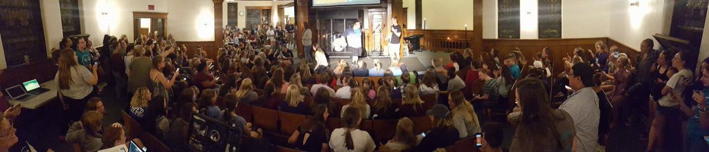 The crowd of people at the Coffeehouse Talent Show at The Edge Student Center during Welcome Week 2017.