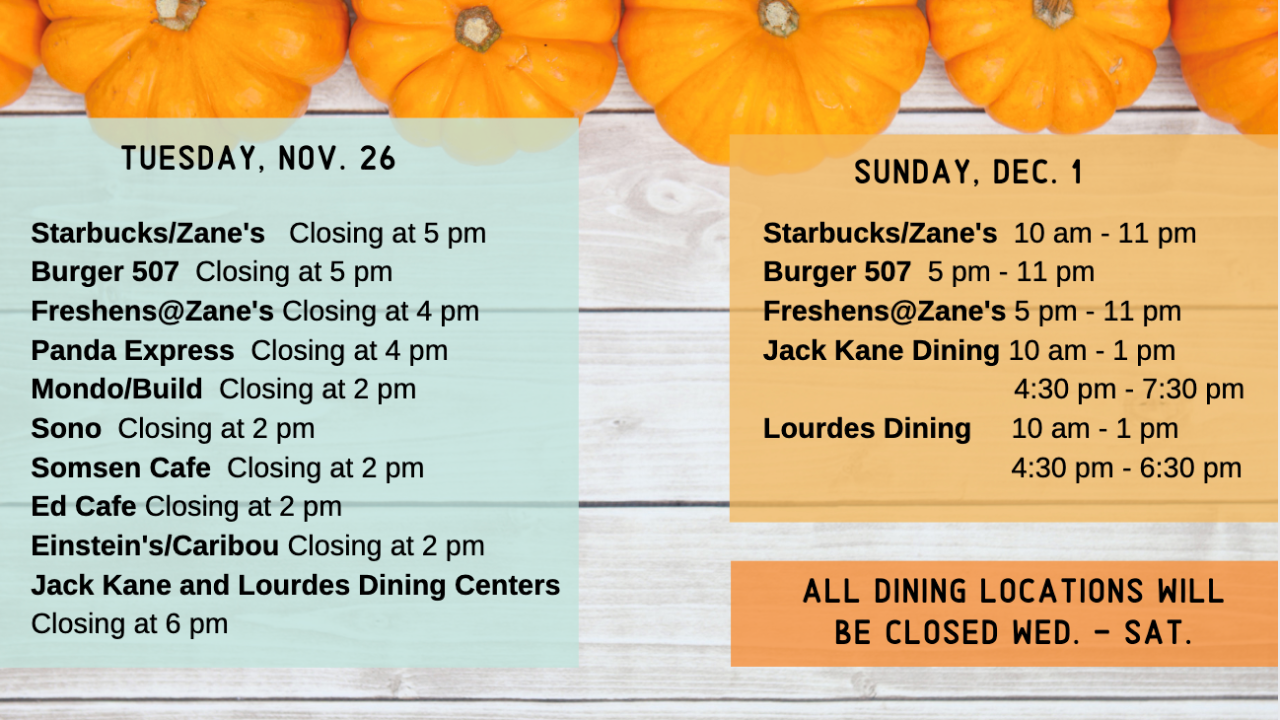 Tuesday, Nov. 26 Hours: Starbucks/Zane's, closing at 5 p.m.; Burger 507, closing at 5 p.m.; Freshens at Zane's, closing at 4 p.m.; Panda Express, closing at 4 p.m.; Mondo/Build, closing 2 p.m.; Sono, closing at 2 p.m.; Somsen Cafe, closing at 2 p.m.; Ed Cafe, closing at 2 p.m.; Einstein's/Caribou, closing at 2 p.m.; Jack Kane and Lourdes Dining Centers, closing at 6 p.m.; Sunday, Dec. 1: Starbucks/Zane's, 10 a.m. - 11 p.m.; Burger 507, 5 p.m. - 11 p.m.; Freshens at Zane's, 5 p.m. - 11 p.m.; Jack Kane Dining, 10 a.m. - 1 p.m., 4:30 p.m. - 7:30 p.m.; Lourdes Dining, 10 a.m. - 1 p.m., 4:30 p.m. - 6:30 p.m.; all dining locations will be closed Wed. - Sat.