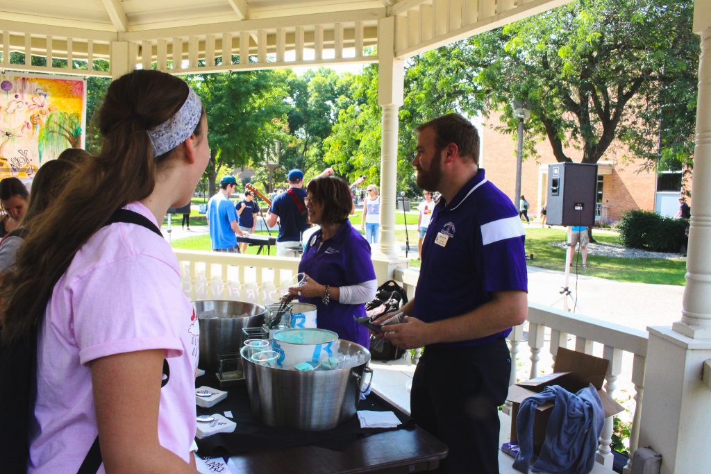 Free ice cream being handed out in the Gazebo on campus.