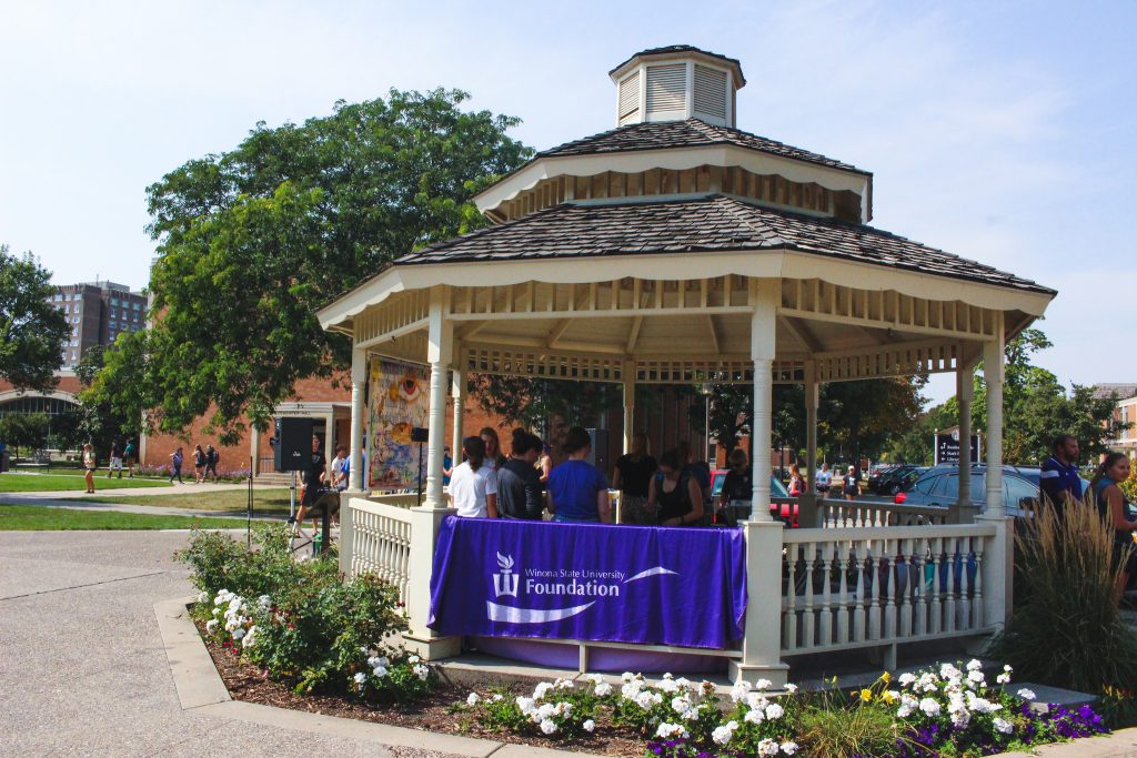 Students gathering in the Gazebo on campus in honor of I Love WSU Week.