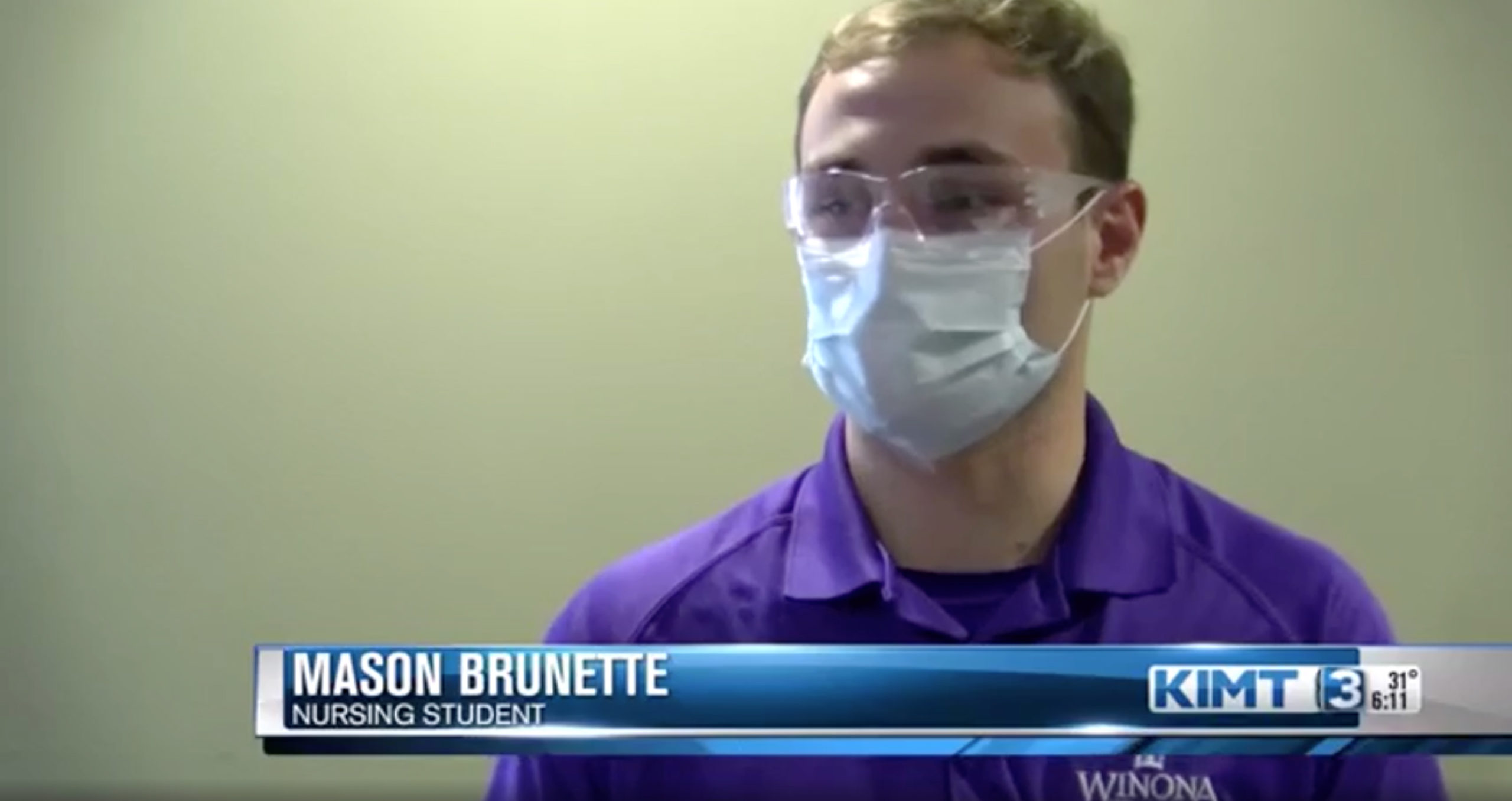 A screenshot from a KIMT News 3 interview with WSU nursing student Mason Brunette
